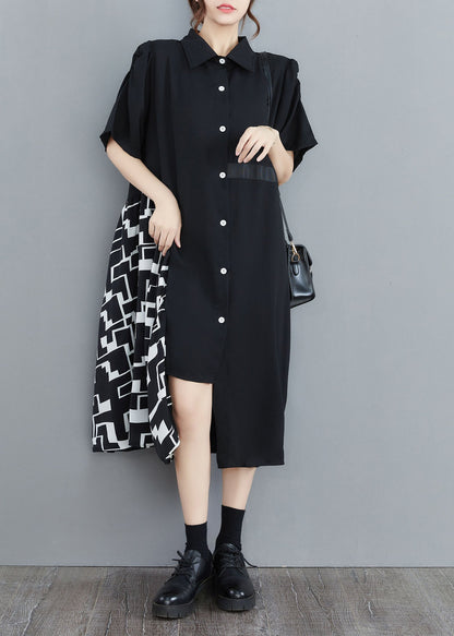 Art Black Asymmetrical Patchwork Cotton Shirt Dress Summer LY1543