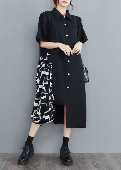 Art Black Asymmetrical Patchwork Cotton Shirt Dress Summer LY1543