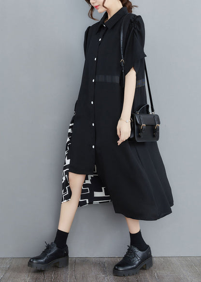 Art Black Asymmetrical Patchwork Cotton Shirt Dress Summer LY1543