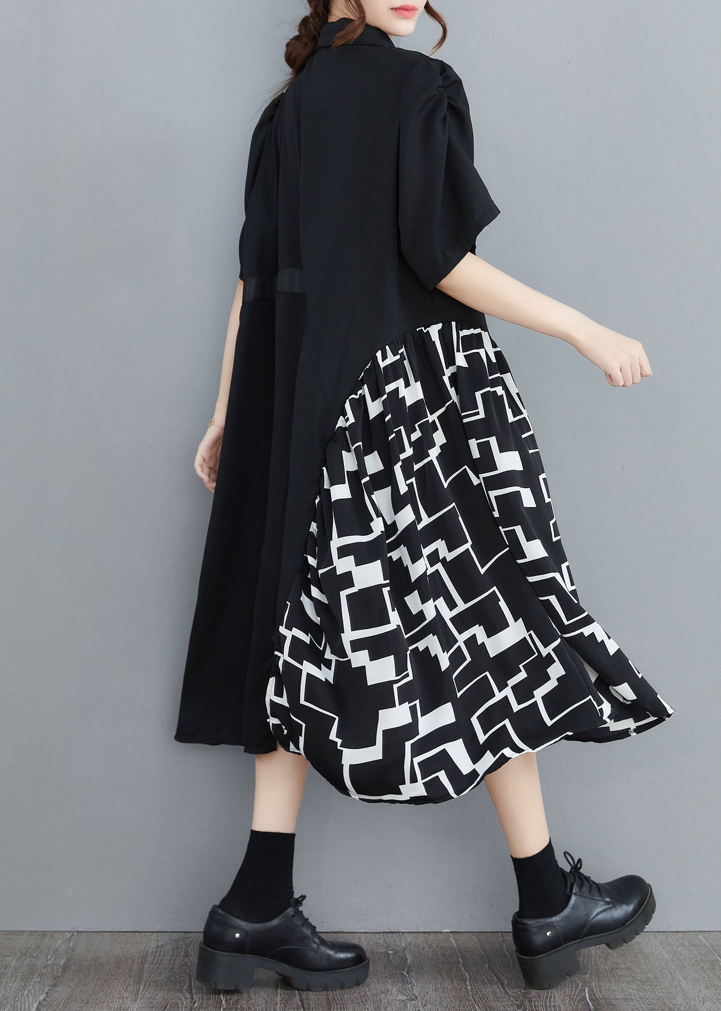 Art Black Asymmetrical Patchwork Cotton Shirt Dress Summer LY1543