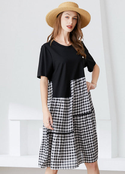 Art Black Asymmetrical Patchwork Plaid Cotton Dresses Summer LY0339