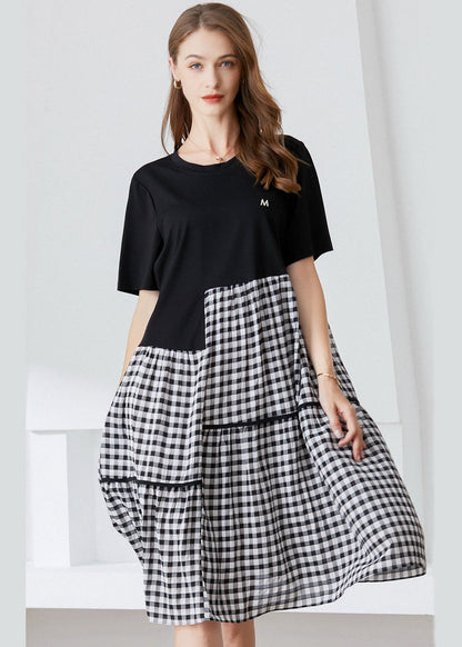 Art Black Asymmetrical Patchwork Plaid Cotton Dresses Summer LY0339