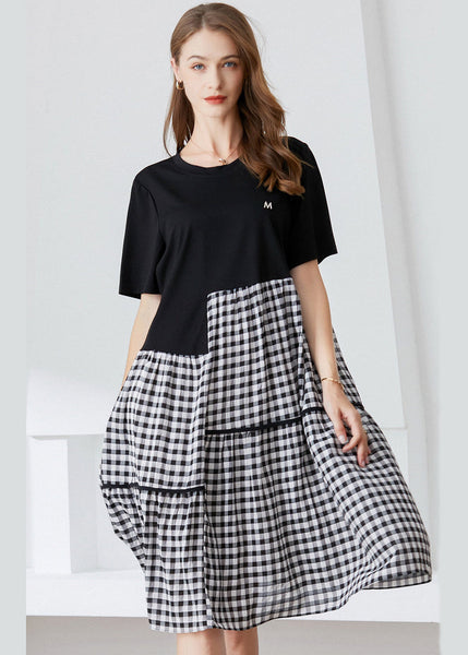 Robe d'été asymétrique en coton à carreaux patchwork noir Art LY0339