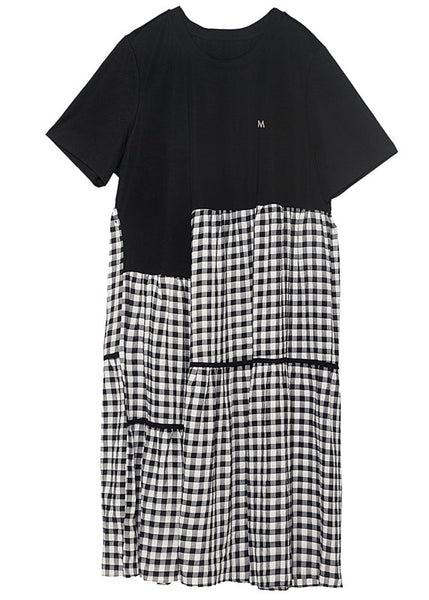 Robe d'été asymétrique en coton à carreaux patchwork noir Art LY0339