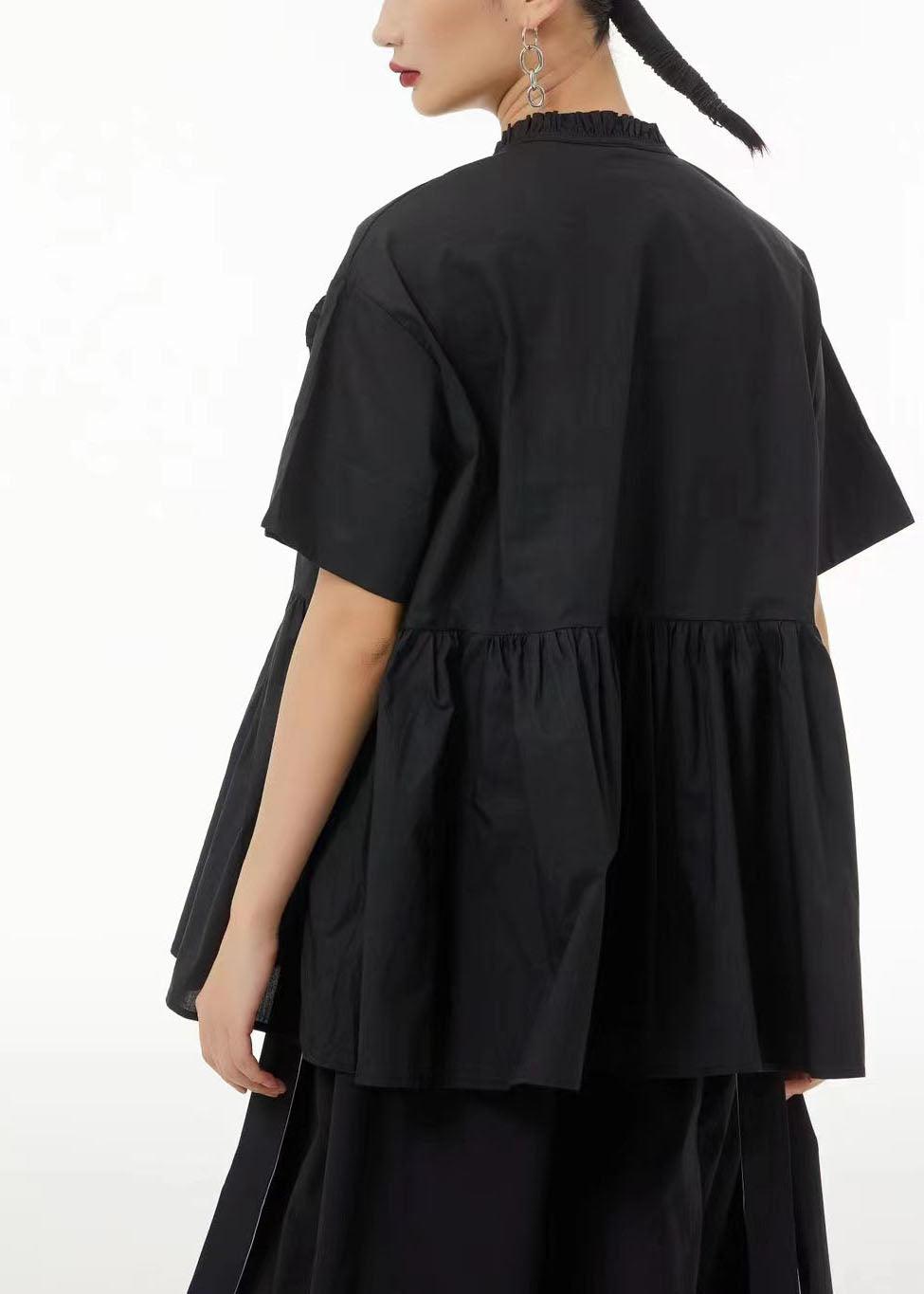 Art Black Asymmetrical Patchwork Wrinkled Cotton Shirt Tops Summer LC0112