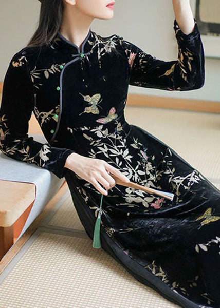 Art Black Embroideried Side Open Silk Velour Ankle Dress Spring LY1668