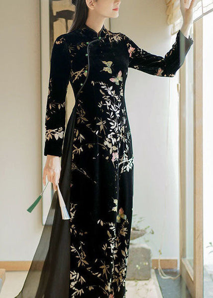 Art Black Embroideried Side Open Silk Velour Ankle Dress Spring LC0293