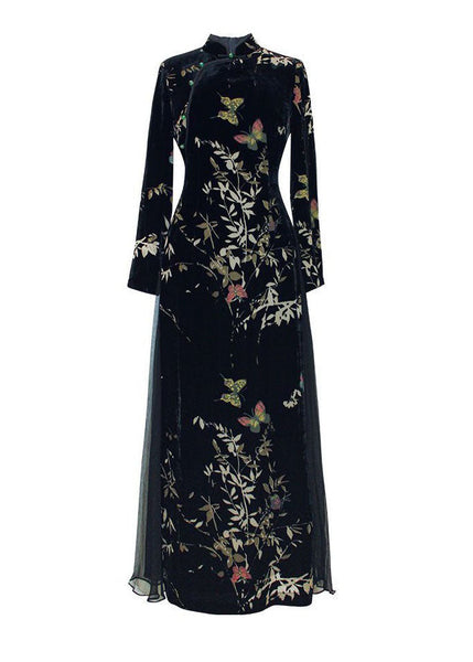 Art Black Embroideried Side Open Silk Velour Ankle Dress Spring LC0293