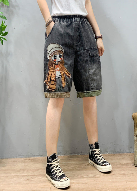 Art Black Grey Elastic Waist Cartoon Girl Denim Shorts Summer LY1274