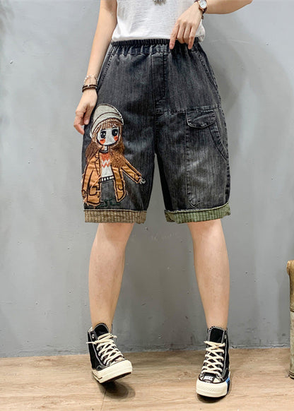Art Black Grey Elastic Waist Cartoon Girl Denim Shorts Summer LY1274
