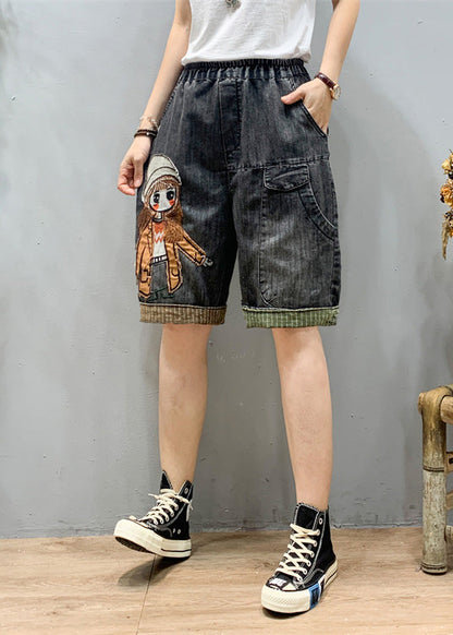 Art Black Grey Elastic Waist Cartoon Girl Denim Shorts Summer LY1274