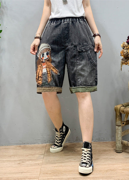 Art Black Grey Elastic Waist Cartoon Girl Denim Shorts Summer LY1274