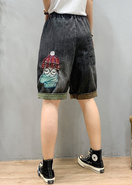 Art Black Grey Elastic Waist Cartoon Girl Denim Shorts Summer LY1274