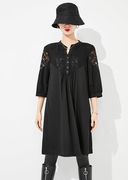 Art Black Lace Patchwork Hollow Out Wrinkled Cotton Dress Half Sleeve LY0879