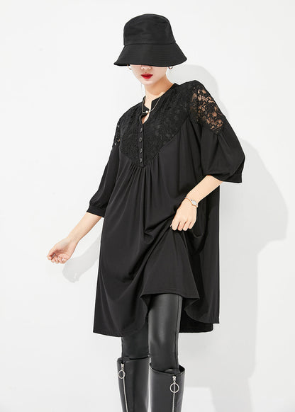 Art Black Lace Patchwork Hollow Out Wrinkled Cotton Dress Half Sleeve LY0879