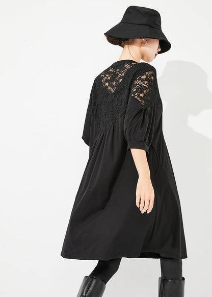 Art Black Lace Patchwork Hollow Out Wrinkled Cotton Dress Half Sleeve LY0879