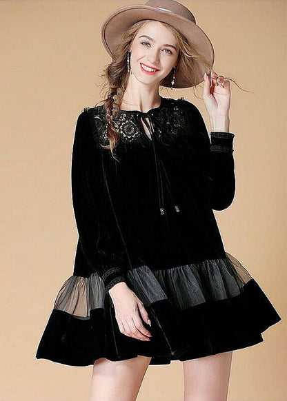 Art Black O Neck Embroideried Patchwork Velour Dresses Spring LY0029