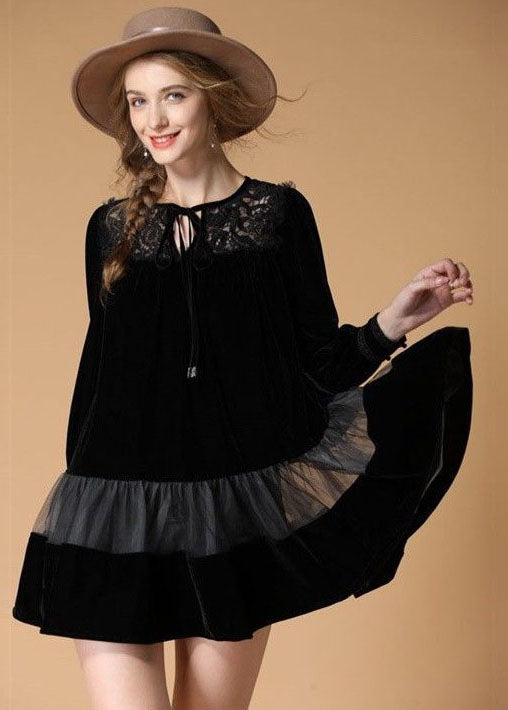 Art Black O Neck Embroideried Patchwork Velour Dresses Spring LY0029