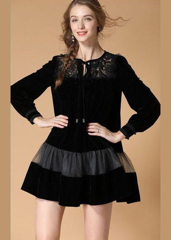 Art Black O Neck Embroideried Patchwork Velour Dresses Spring LY0029