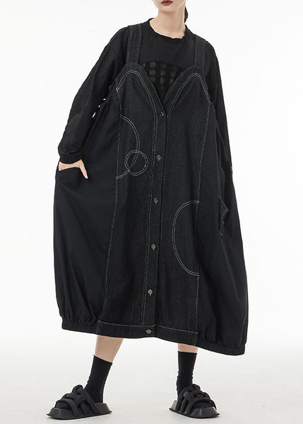 Art Black Oversized Patchwork Cotton Strap Dress Summer LC0127