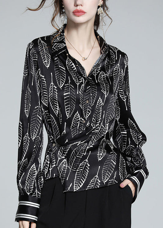 Art Black Peter Pan Collar Print Button Silk Shirts Long Sleeve LY1026