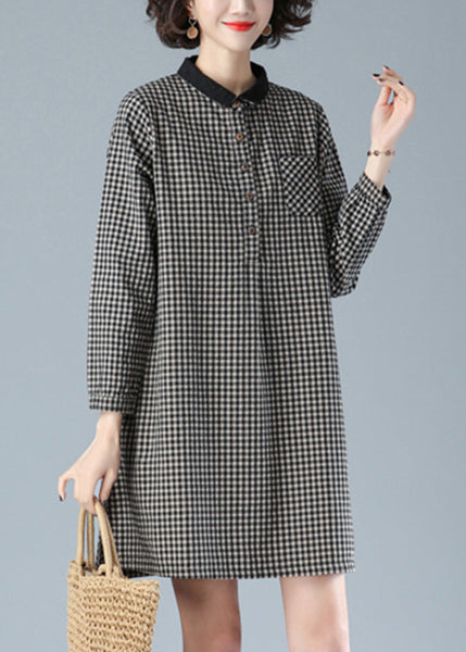 Art Black Plaid Peter Pan Collar Button Cotton Mid Dress Fall HA1001