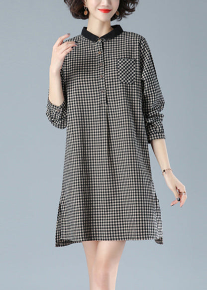 Art Black Plaid Peter Pan Collar Button Cotton Mid Dress Fall HA1001