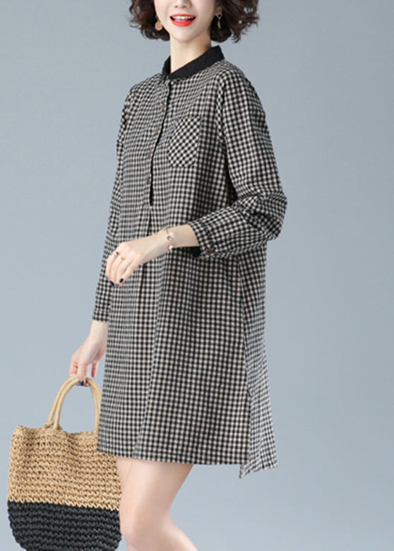 Art Black Plaid Peter Pan Collar Button Cotton Mid Dress Fall HA1001