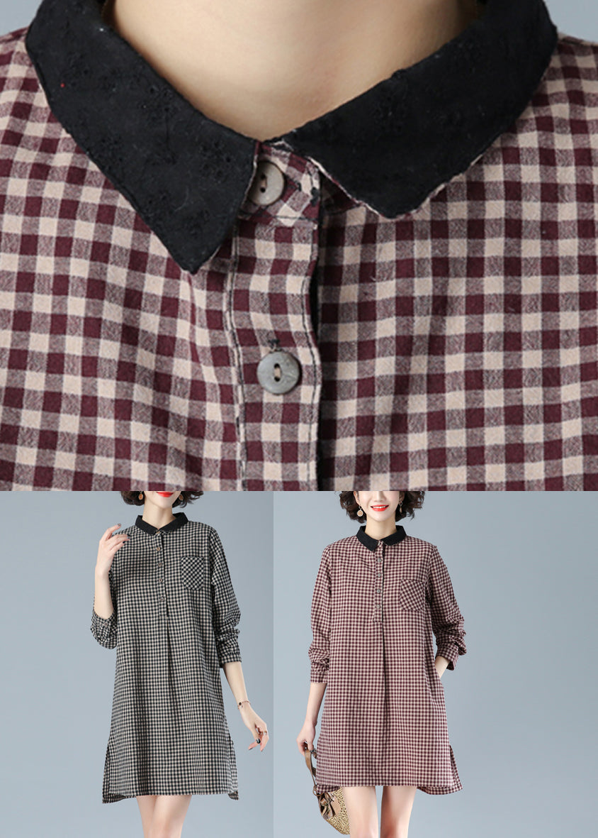 Art Black Plaid Peter Pan Collar Button Cotton Mid Dress Fall HA1001