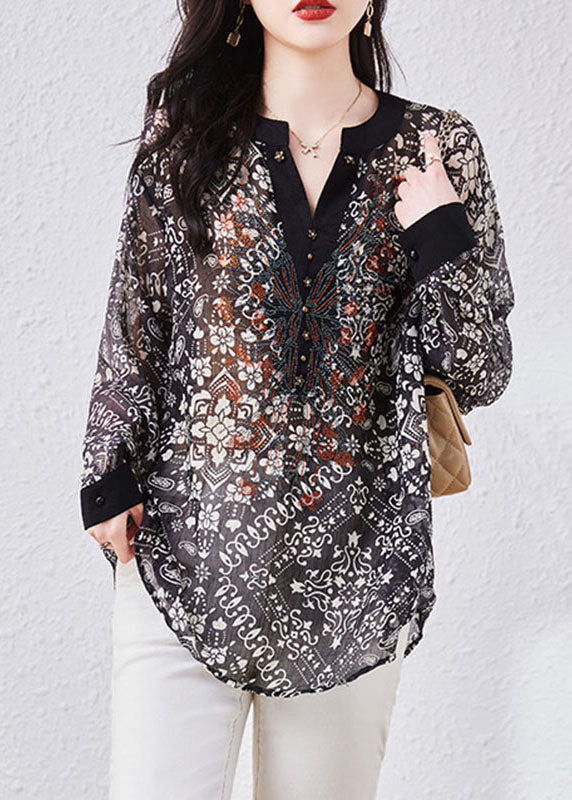 Art Black V Neck Print Patchwork Chiffon Shirts Top Long Sleeve TQ1015