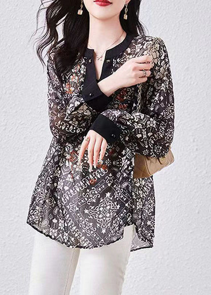 Art Black V Neck Print Patchwork Chiffon Shirts Top Long Sleeve TQ1015