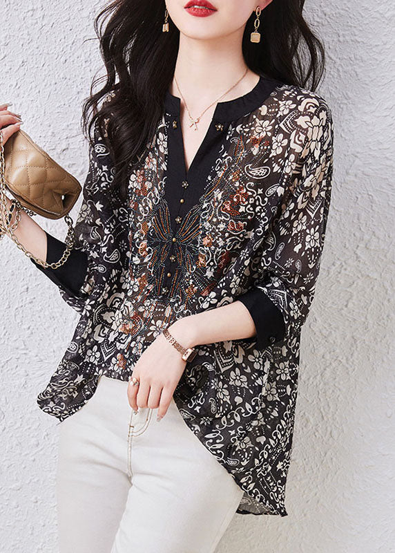 Art Black V Neck Print Patchwork Chiffon Shirts Top Long Sleeve TQ1015