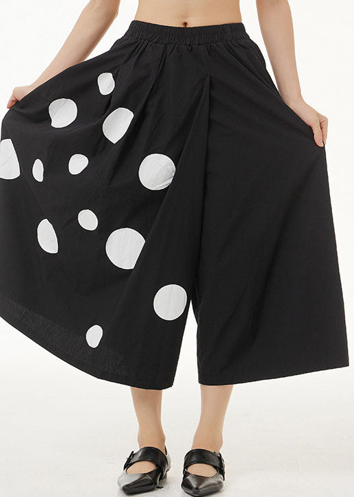 Art Black Wrinkled Dot Print Patchwork Cotton Wide Leg Pants Summer LY1233