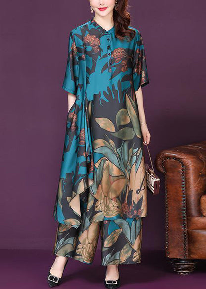 Art Blue Asymmetrical Exra Large Hem Print Silk Two Piece Suit Set Summer LY0995