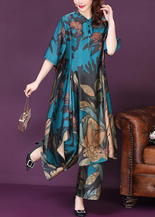 Art Blue Asymmetrical Exra Large Hem Print Silk Two Piece Suit Set Summer LY0995