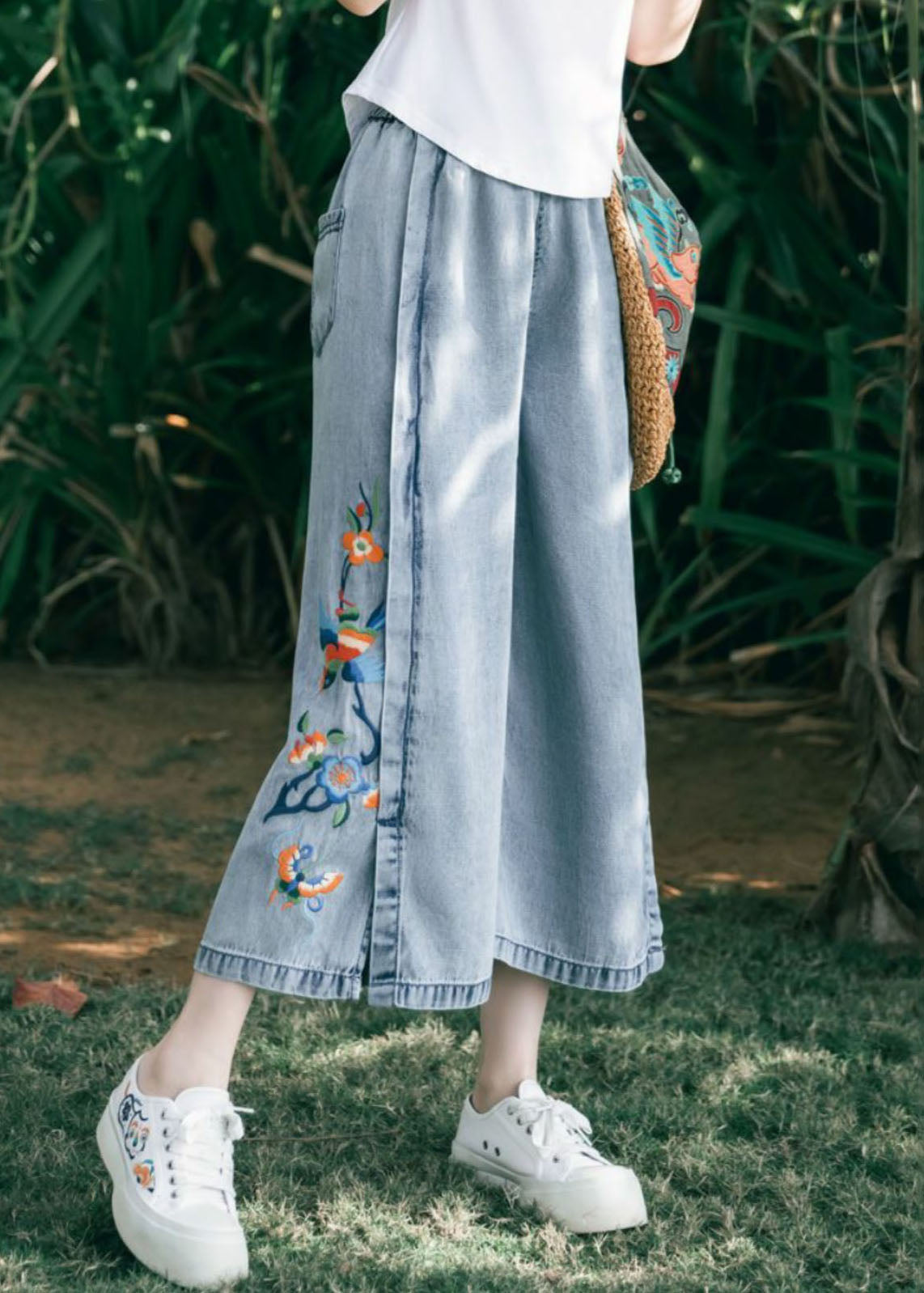 Art Blue Embroideried Pockets Patchwork Denim Wide Leg Pants Summer TQ1062