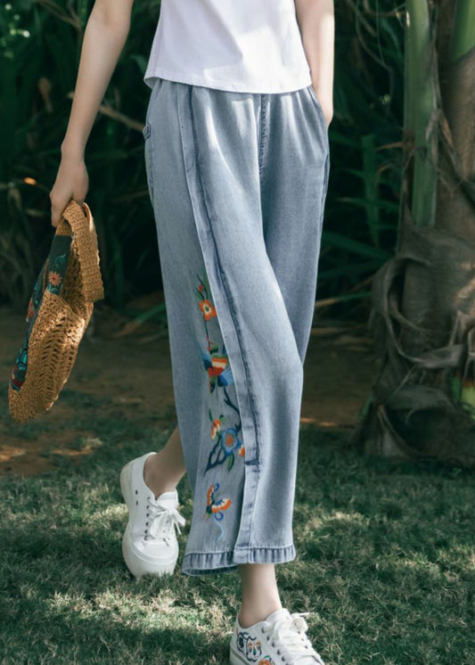 Art Blue Embroideried Pockets Patchwork Denim Wide Leg Pants Summer TQ1062