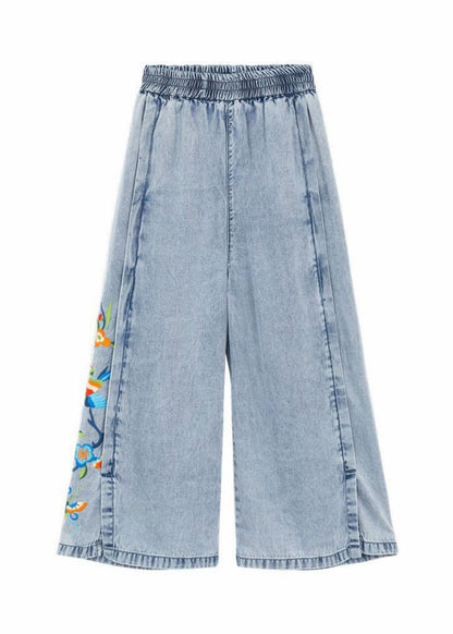 Art Blue Embroideried Pockets Patchwork Denim Wide Leg Pants Summer TQ1062