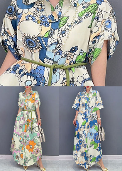 Art Blue Peter Pan Collar Print Cotton Maxi Shirts Dresses Summer LC0349