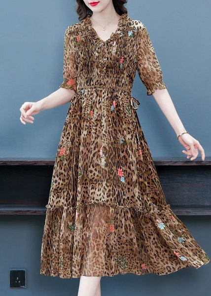 Art Coffee Ruffled Patchwork Leopard Print Silk Dress Summer LC0254