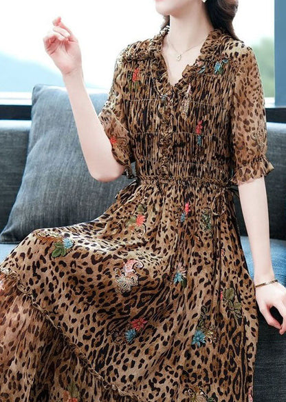 Art Coffee Ruffled Patchwork Leopard Print Silk Dress Summer LC0254