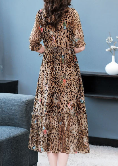 Art Coffee Ruffled Patchwork Leopard Print Silk Dress Summer LC0254