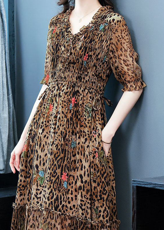 Art Coffee Ruffled Patchwork Leopard Print Silk Dress Summer LC0254