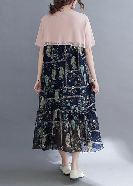 Art Colorblock O-Neck Patchwork Ruffles Cotton Dresses Summer LY0892