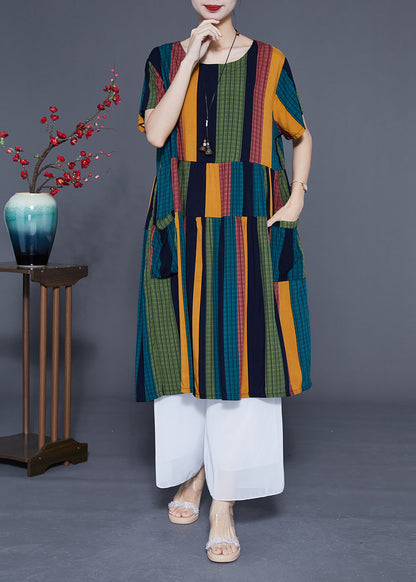 Art Colorblock Oversized Patchwork Striped Cotton Maxi Dresses Summer LY1106