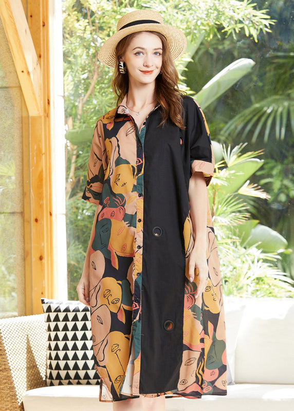 Art Colorblock Peter Pan Collar Patchwork Print Cotton Shirt Dress Spring LY0285