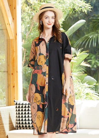 Art Colorblock Peter Pan Collar Patchwork Print Cotton Shirt Dress Spring LY0285