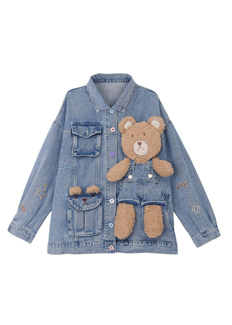 Art Denim Blue Peter Pan Collar Patchwork Little Bear Button Coats Fall TY1054