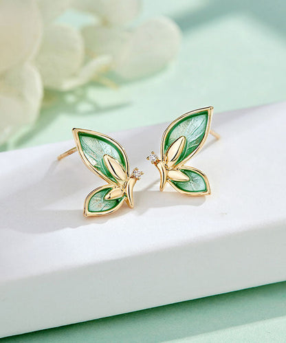 Art Green Butterfly Silver Crystal Zircon Stud Earrings TW1054