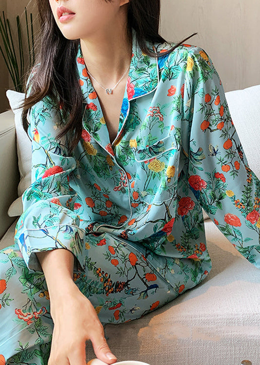 Art Green Notched Print Button Ice Silk Pajamas Two Pieces Set Long Sleeve LY1881